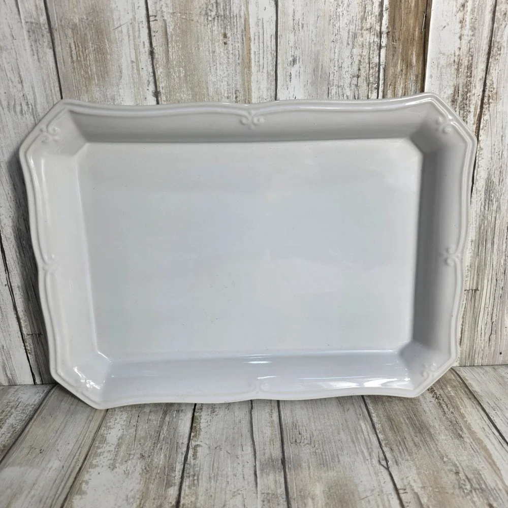 Worldwide Home Products White Ceramic Rectangular Serving Platter Scroll Border